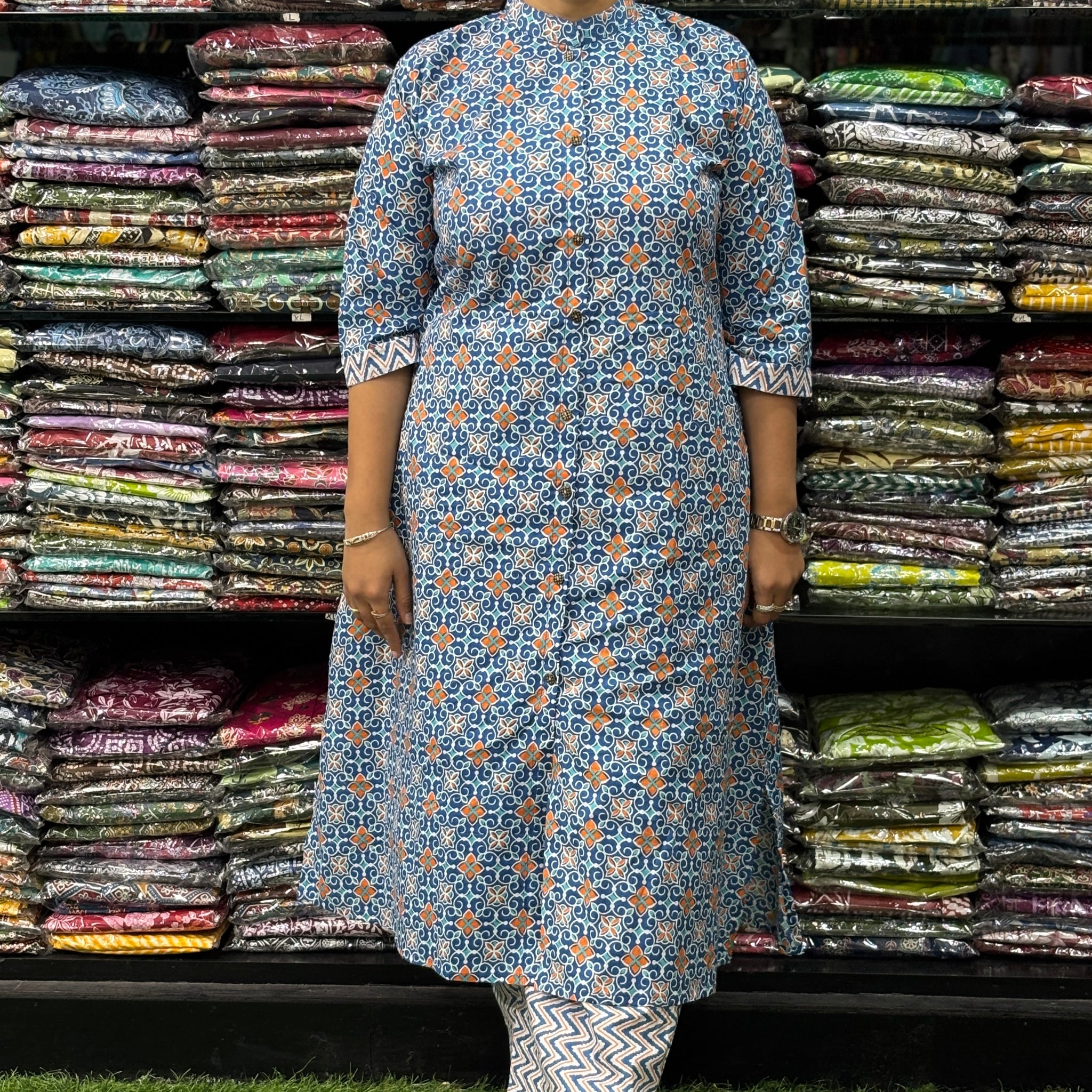 ALINE KURTI-PLAZO (PURE COTTON,CHINESE NECK)