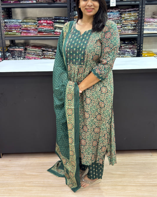 ALINE KURTI PLAZO DUPATTA (PURE CAMRIC COTTON)