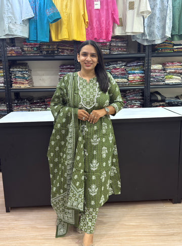 ALINE KURTI PANT DUPATTA (CAMRIC COTTON)