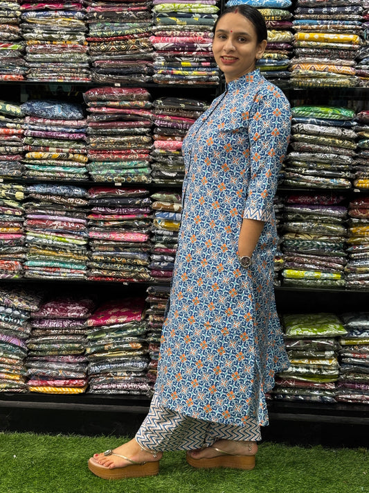 ALINE KURTI-PLAZO (PURE COTTON,CHINESE NECK)