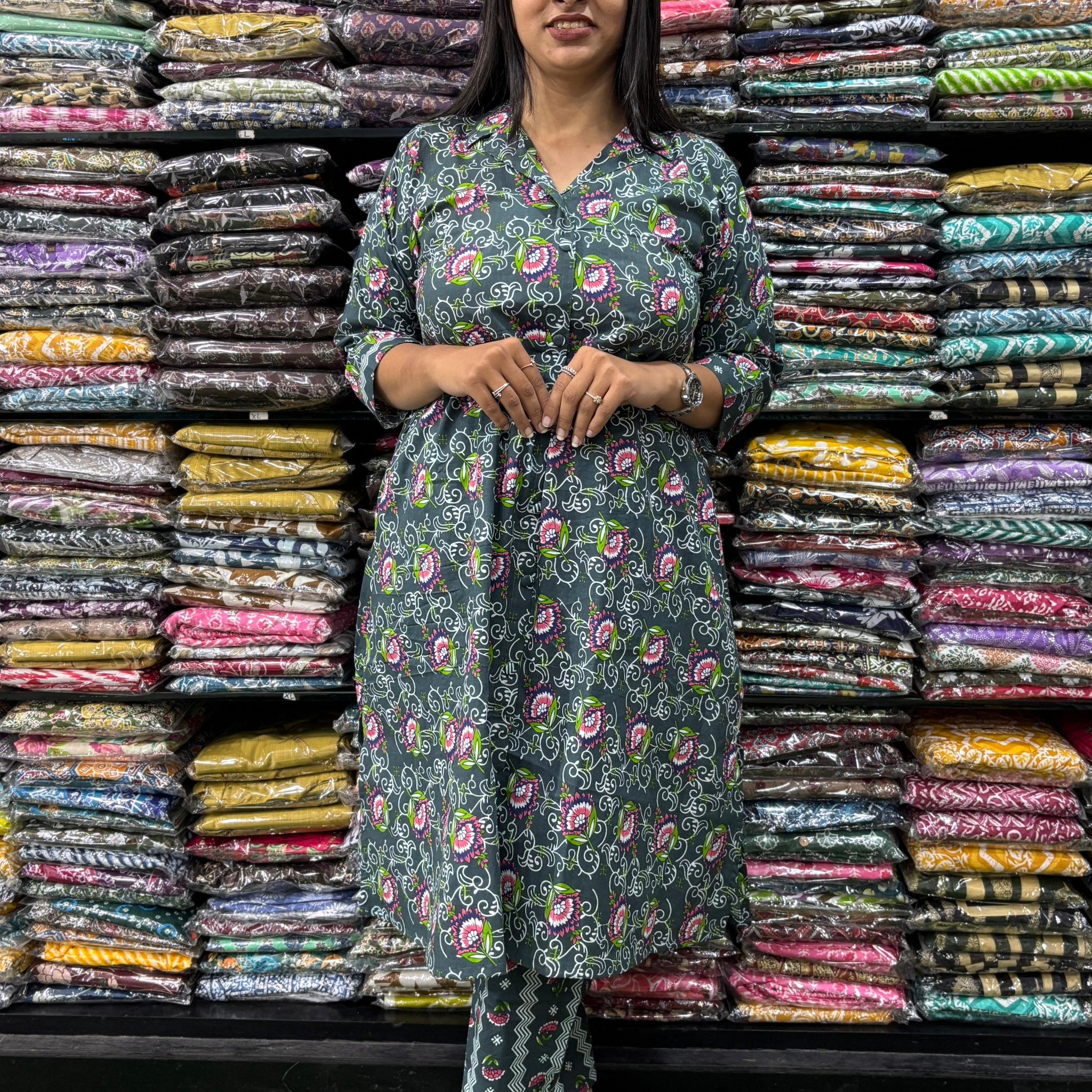 PURE COTTON SUIT COLLAR ALINE KURTI WITH PANT