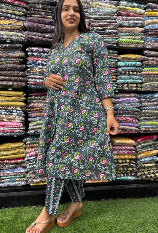 PURE COTTON SUIT COLLAR ALINE KURTI WITH PANT
