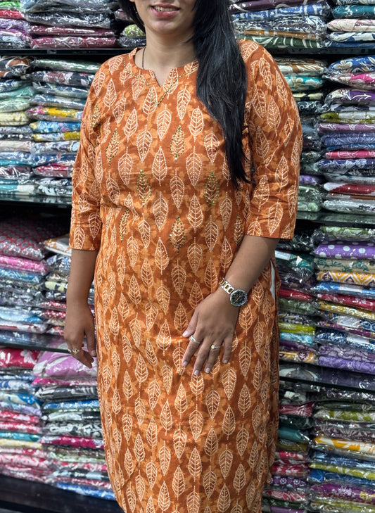 STRAIGHT KURTI (PURE CAMRIC COTTON,WITH WORK)