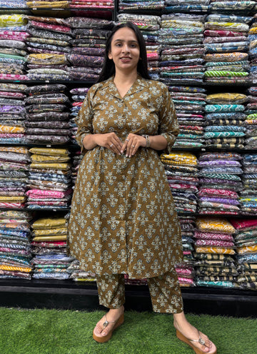 PURE COTTON SUIT COLLAR ALINE KURTI WITH PANT