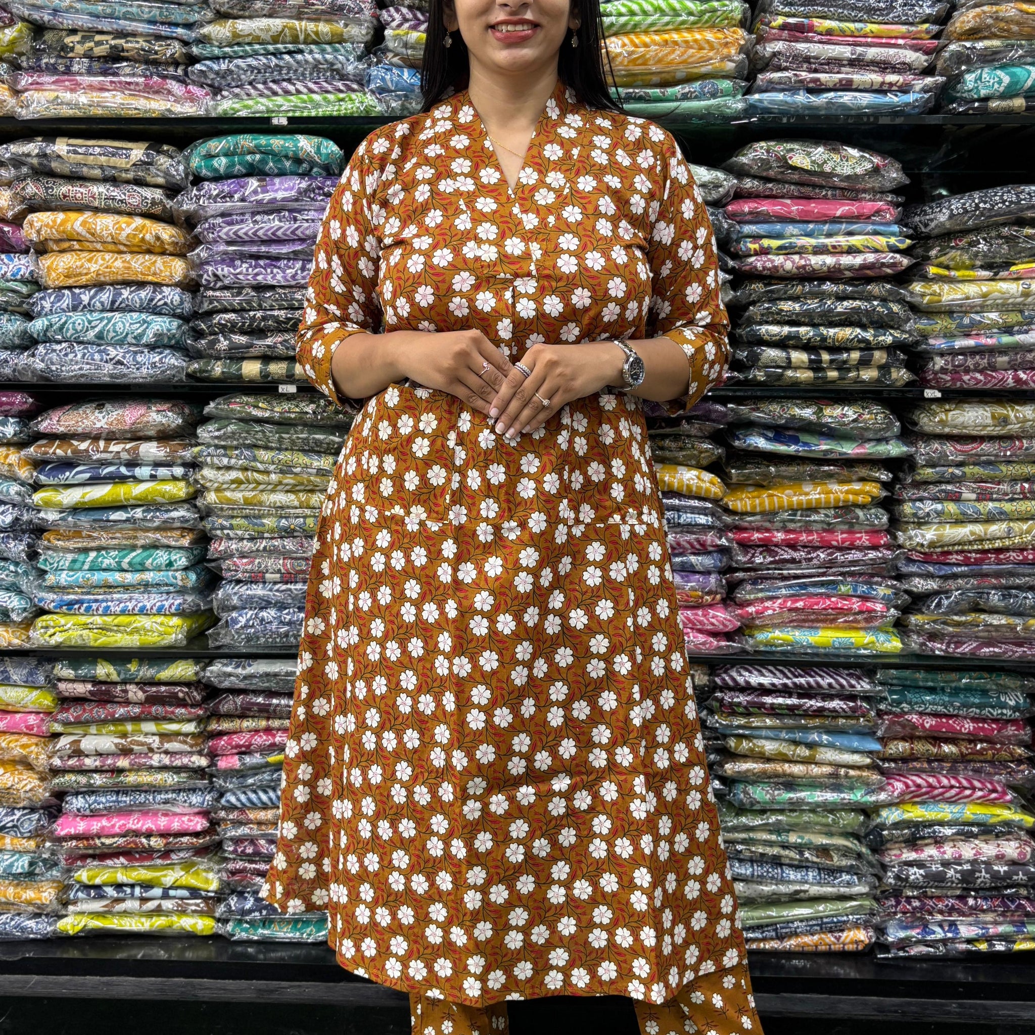 PURE COTTON VNECK ALINE KURTI WITH PANT