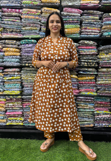 PURE COTTON VNECK ALINE KURTI WITH PANT