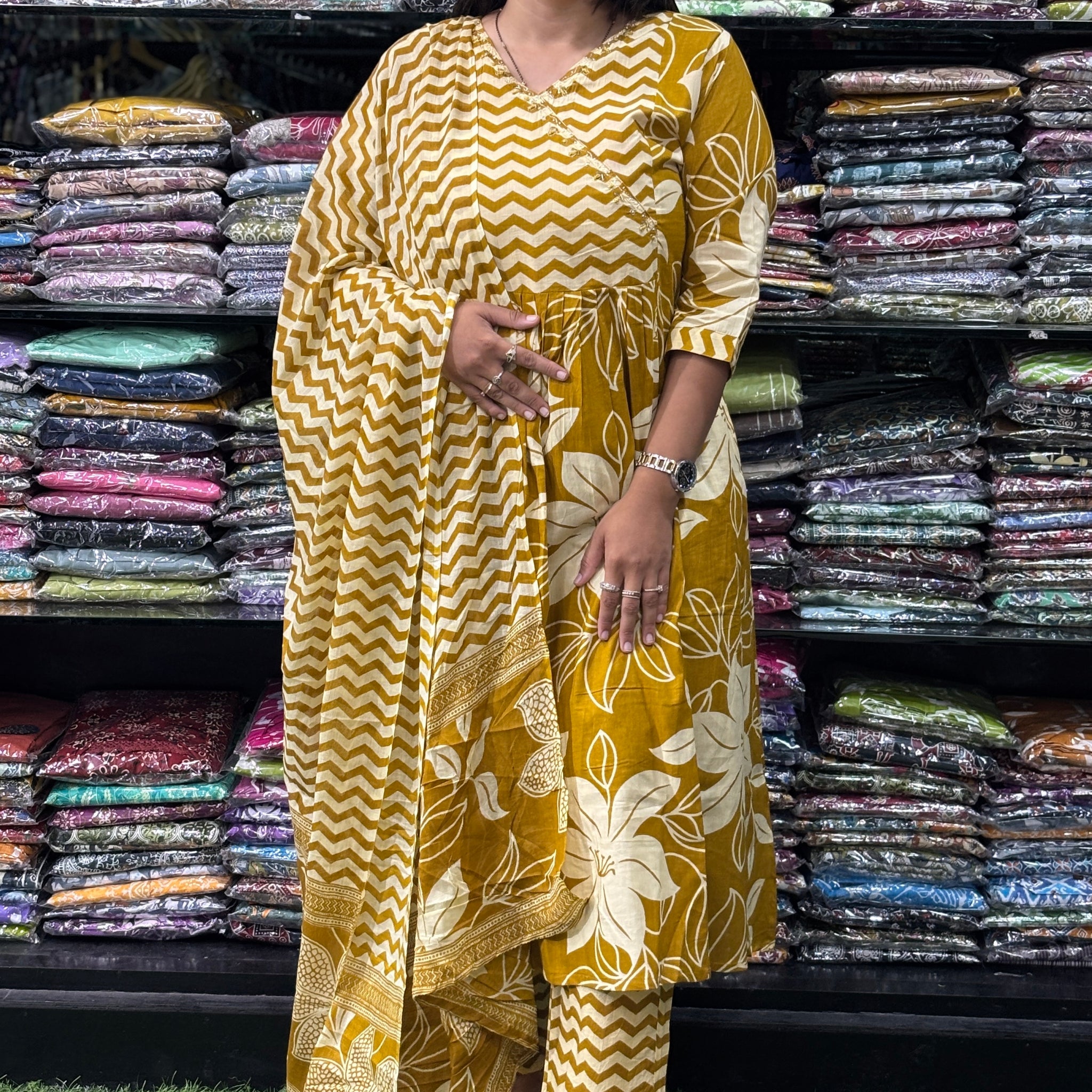 ROUND KURTI PANT-DUPATTA (PURE CAMRIC COTTON,HANDWORK)