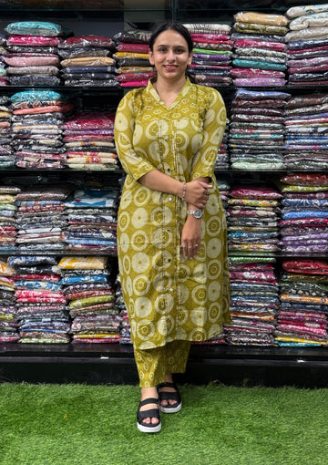 ALINE KURTI WITH PANT ( PURE CAMRIC COTTON,WITH WORK)