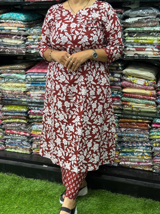 ALINE KURTI WITH PLAZO ( PURE CAMRIC COTTON)