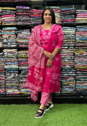 STRAIGHT KURTI PANT WITH DUPATTA (PURE CAMRIC COTTON,HANDWORK,HALF COTTON LINING)