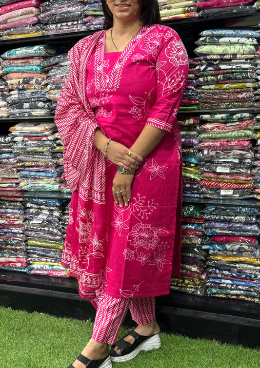 STRAIGHT KURTI PANT WITH DUPATTA (PURE CAMRIC COTTON,HANDWORK,HALF COTTON LINING)