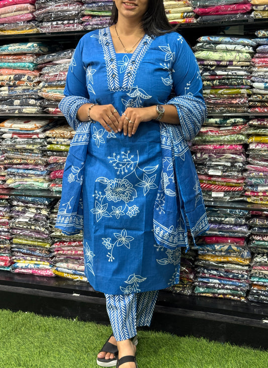 STRAIGHT KURTI PANT WITH DUPATTA (PURE CAMRIC COTTON,HANDWORK,HALF COTTON LINING)