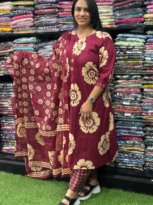 ALINE KURTI PLAZO WITH DUPATTA (PURE CAMRIC COTTON,HANDWORK,HALF COTTON LINING)