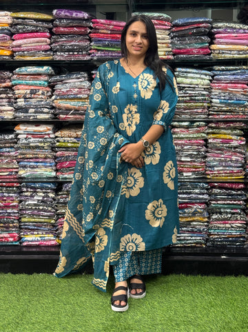 ALINE KURTI PLAZO WITH DUPATTA (PURE CAMRIC COTTON,HANDWORK,HALF COTTON LINING)