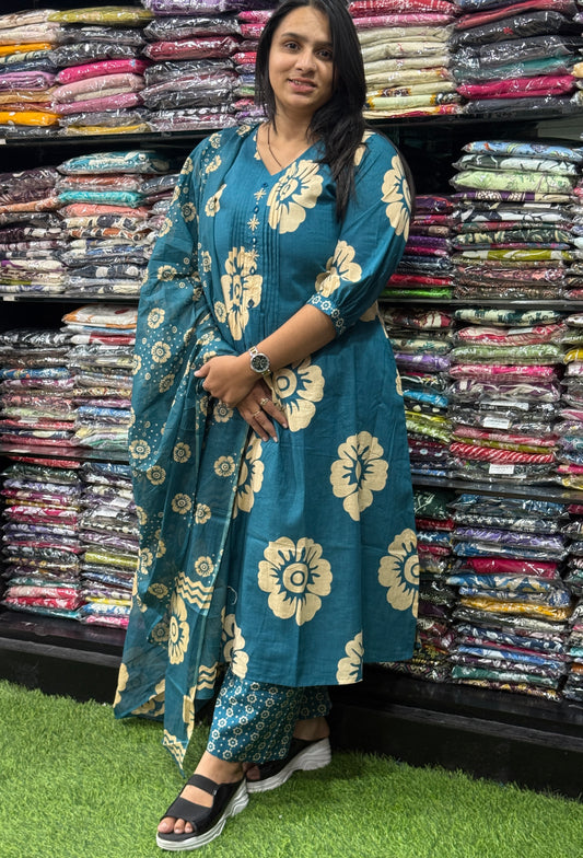 ALINE KURTI PLAZO WITH DUPATTA (PURE CAMRIC COTTON,HANDWORK,HALF COTTON LINING)