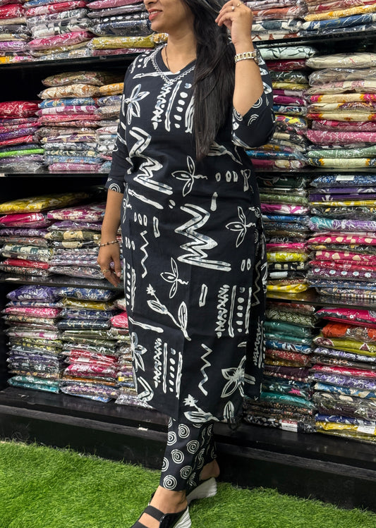 STRAIGHT KURTI WITH PANT (PURE CAMRIC COTTON WITH COTTON LINING,WITH WORK)