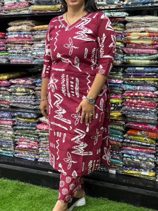 STRAIGHT KURTI WITH PANT (PURE CAMRIC COTTON WITH COTTON LINING,WITH WORK)