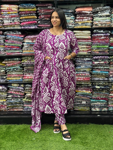 ALINE KURTI PANT WITH DUPATTA (PURE CAMRIC COTTON,HANDWORK)