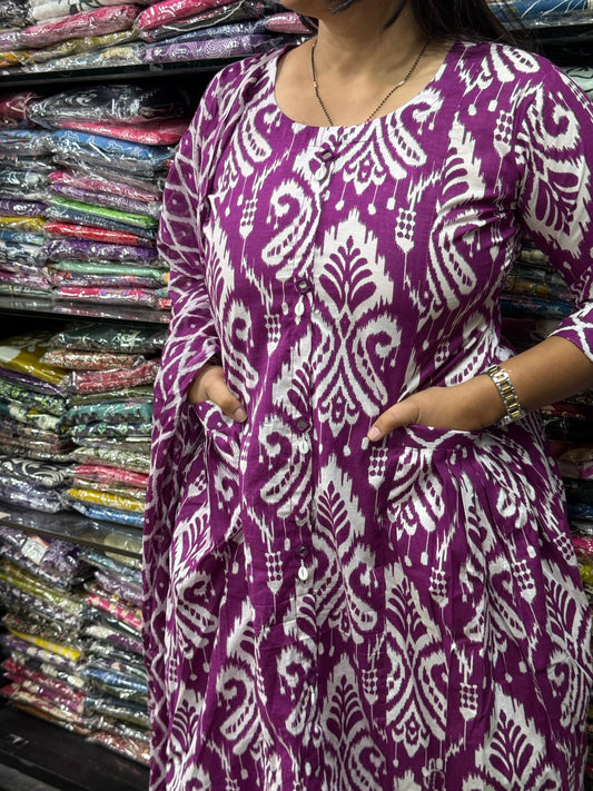 ALINE KURTI PANT WITH DUPATTA (PURE CAMRIC COTTON,HANDWORK)