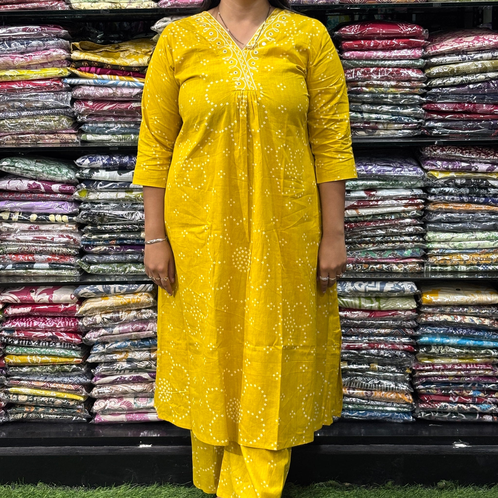 ALINE KURTI-PLAZO (PURE CAMRIC COTTON,V-NECK WORK)