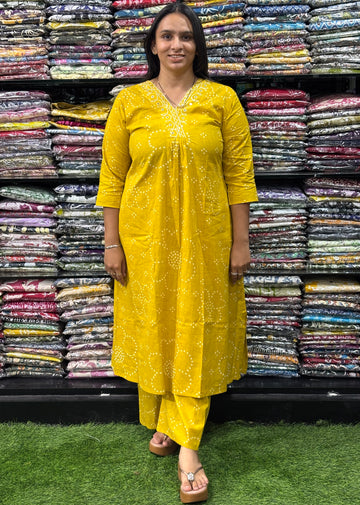 ALINE KURTI-PLAZO (PURE CAMRIC COTTON,V-NECK WORK)