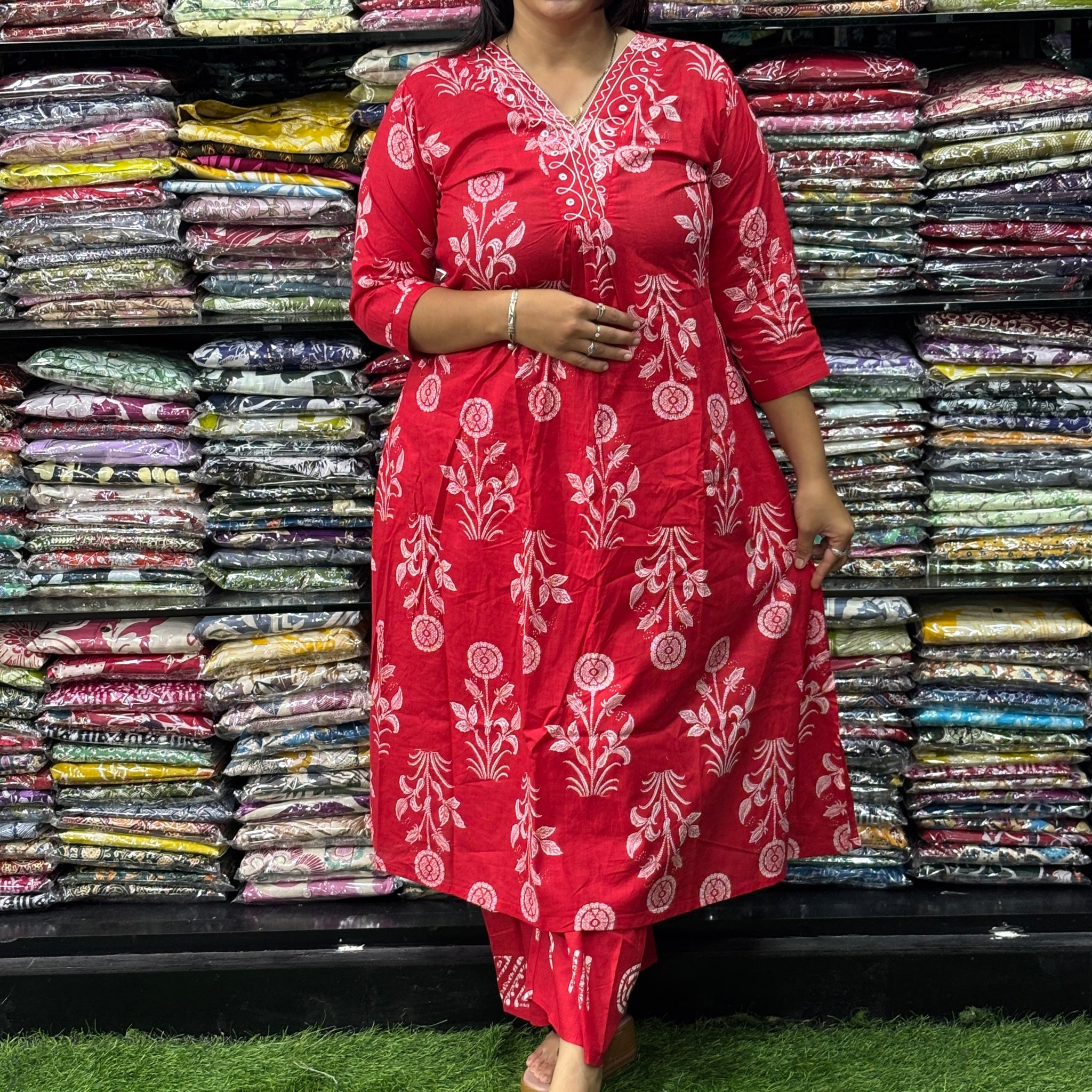 ALINE KURTI-PLAZO (PURE CAMRIC COTTON,V-NECK WORK)