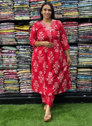 ALINE KURTI-PLAZO (PURE CAMRIC COTTON,V-NECK WORK)