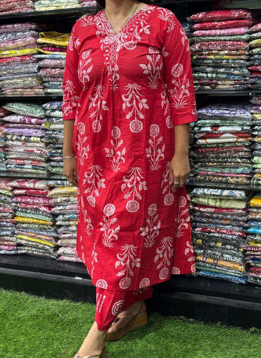 ALINE KURTI-PLAZO (PURE CAMRIC COTTON,V-NECK WORK)