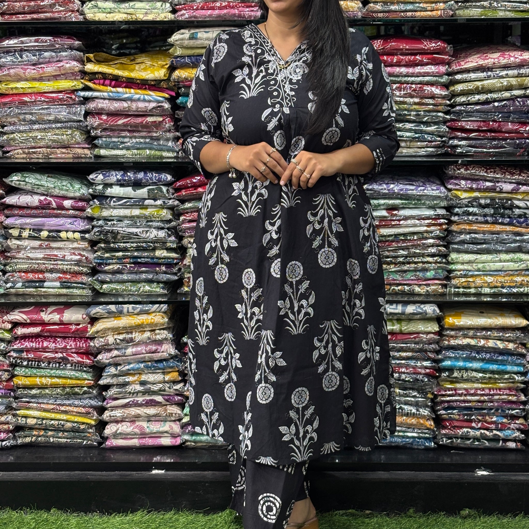 ALINE KURTI-PLAZO (PURE CAMRIC COTTON,V-NECK WORK)