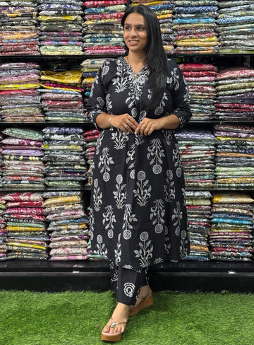 ALINE KURTI-PLAZO (PURE CAMRIC COTTON,V-NECK WORK)