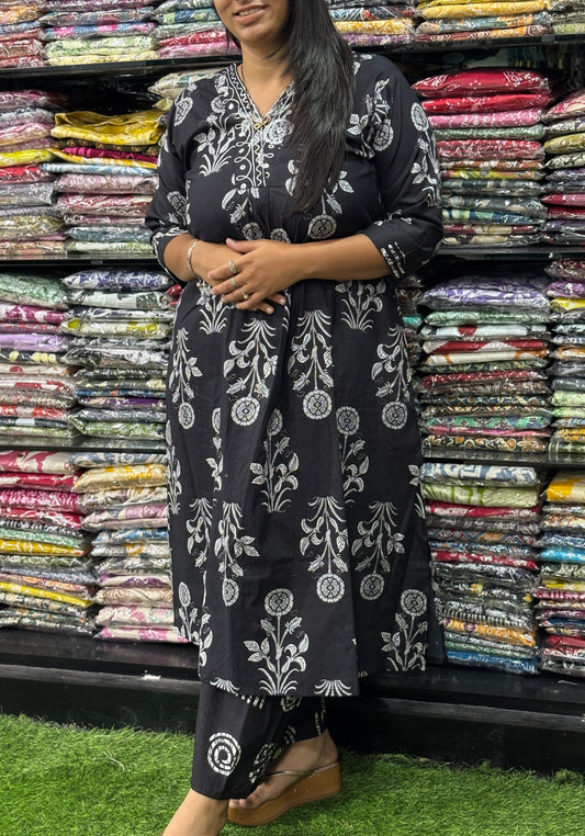 ALINE KURTI-PLAZO (PURE CAMRIC COTTON,V-NECK WORK)