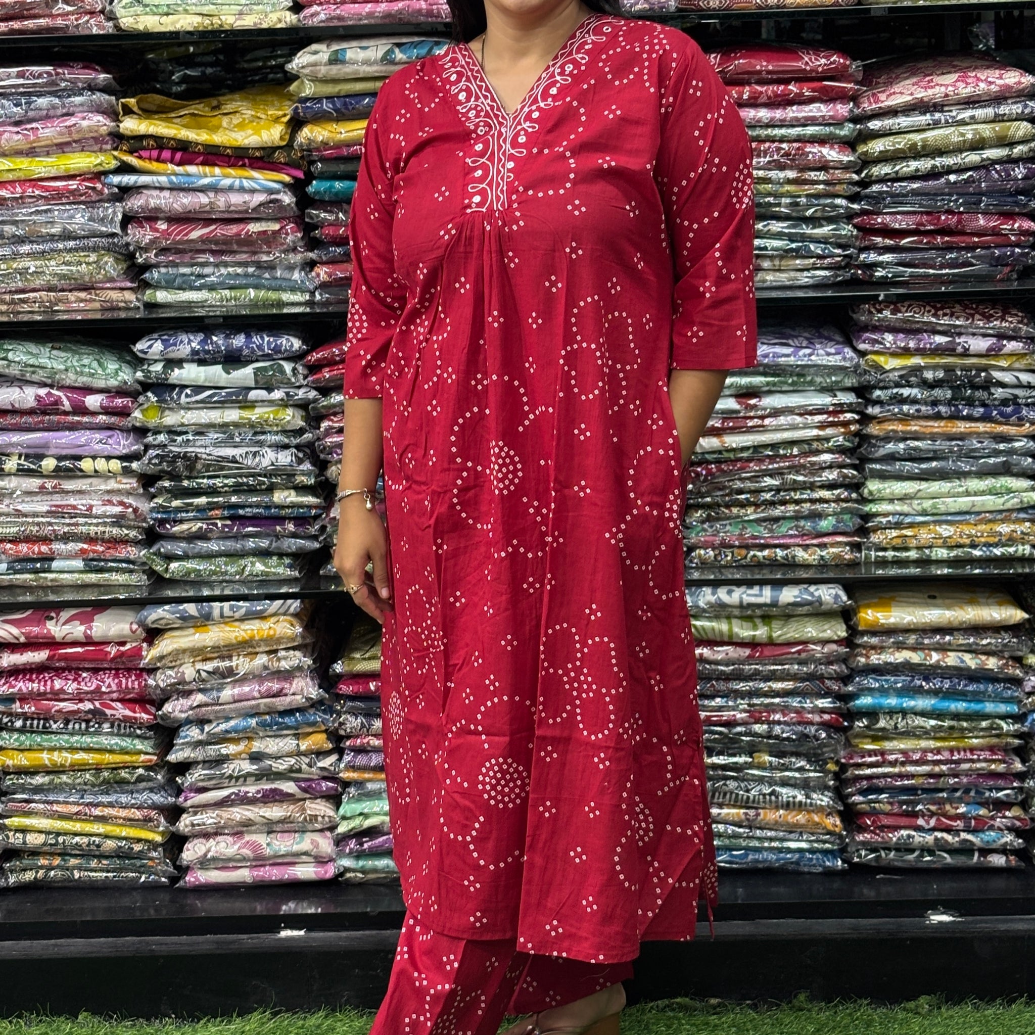 ALINE KURTI-PLAZO (PURE CAMRIC COTTON,V-NECK WORK)