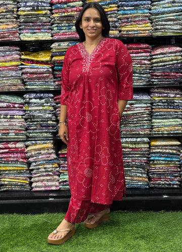 ALINE KURTI-PLAZO (PURE CAMRIC COTTON,V-NECK WORK)