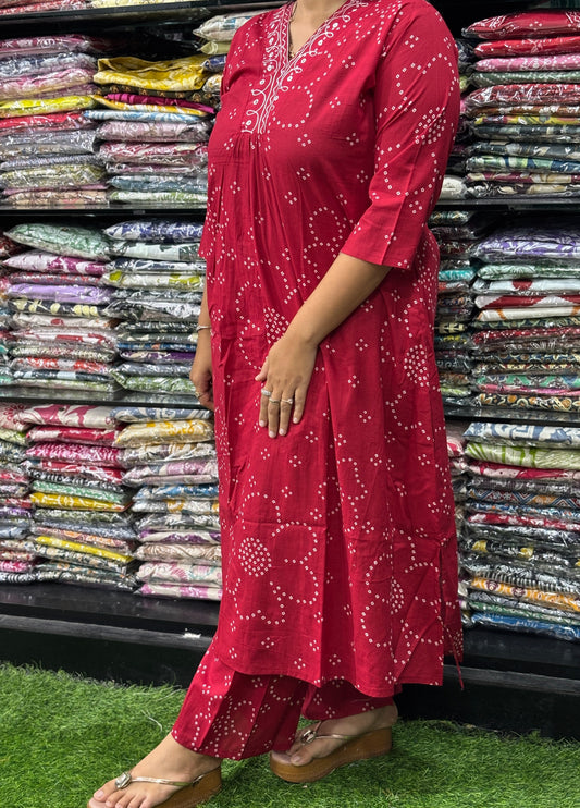 ALINE KURTI-PLAZO (PURE CAMRIC COTTON,V-NECK WORK)