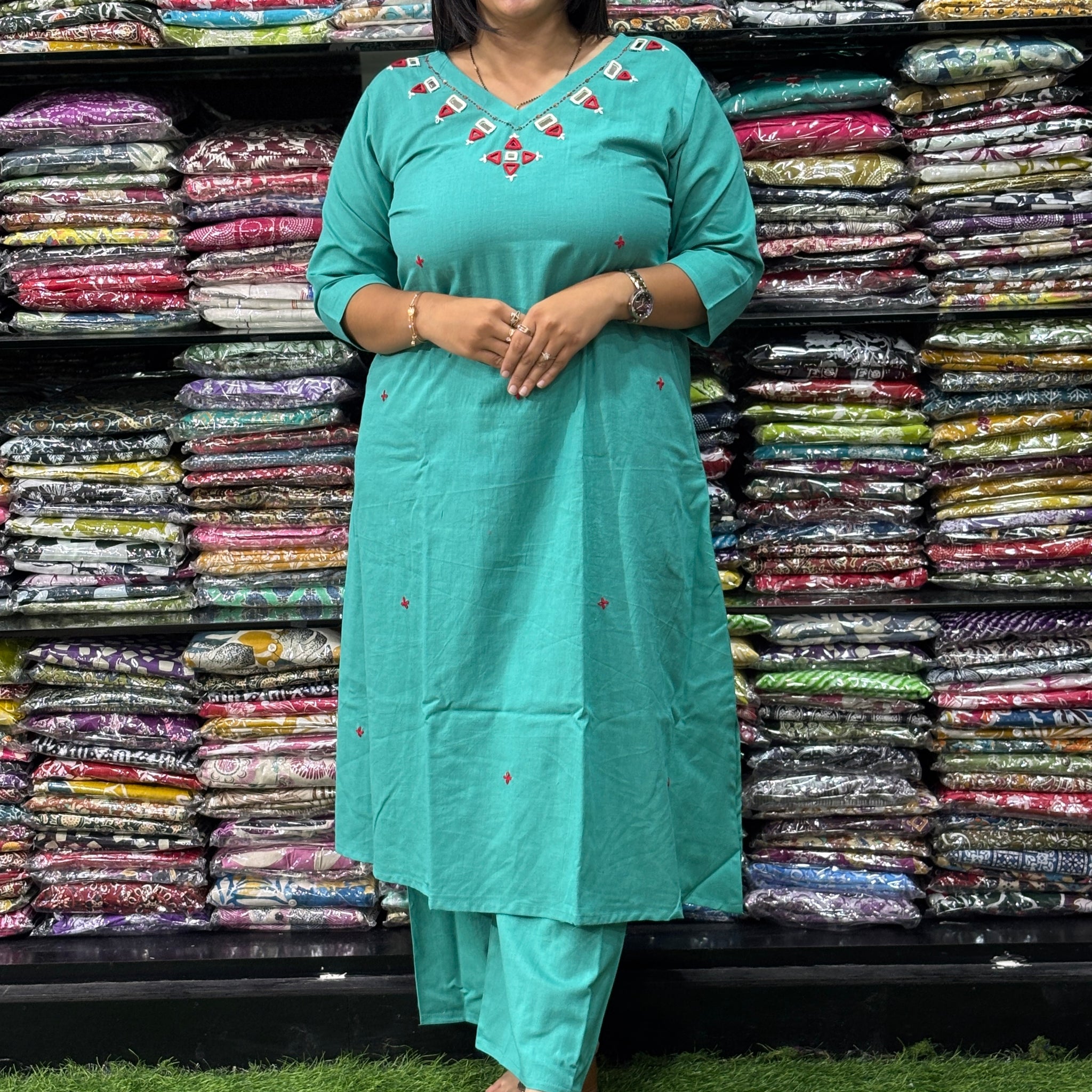 ALINE KURTI WITH PLAZO (FLEX COTTON,HAND MIRROR WORK)