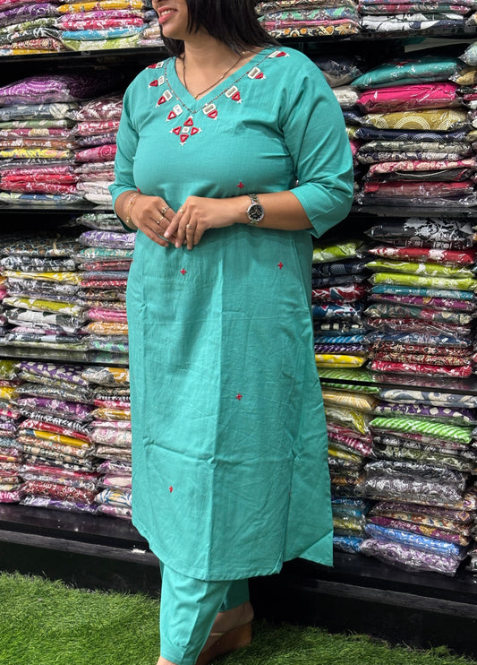 ALINE KURTI WITH PLAZO (FLEX COTTON,HAND MIRROR WORK)