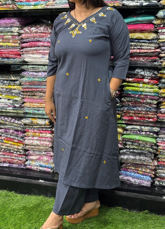 ALINE KURTI WITH PLAZO (FLEX COTTON,HAND MIRROR WORK)