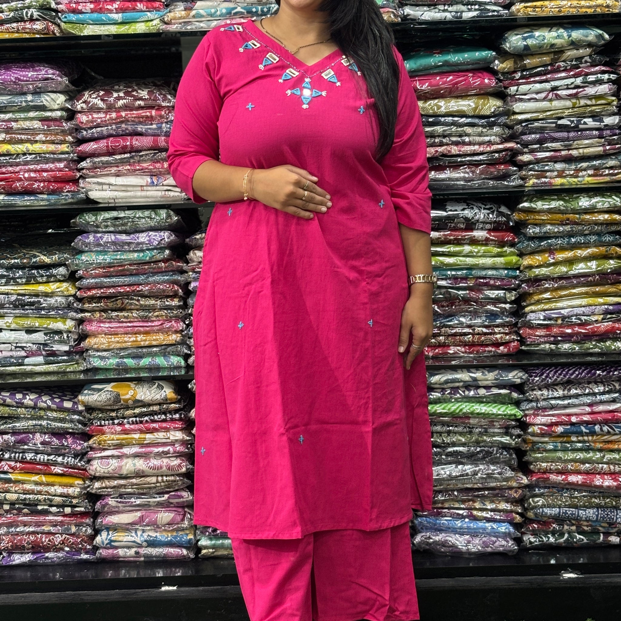 ALINE KURTI WITH PLAZO (FLEX COTTON,HAND MIRROR WORK)