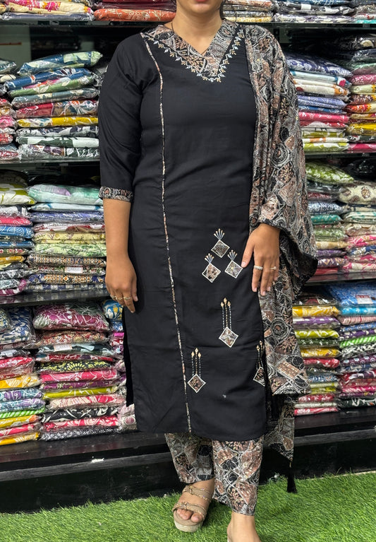 STRAIGHT KURTI PANT WITH DUPATTA (PURE RAYON,HANDWORK)