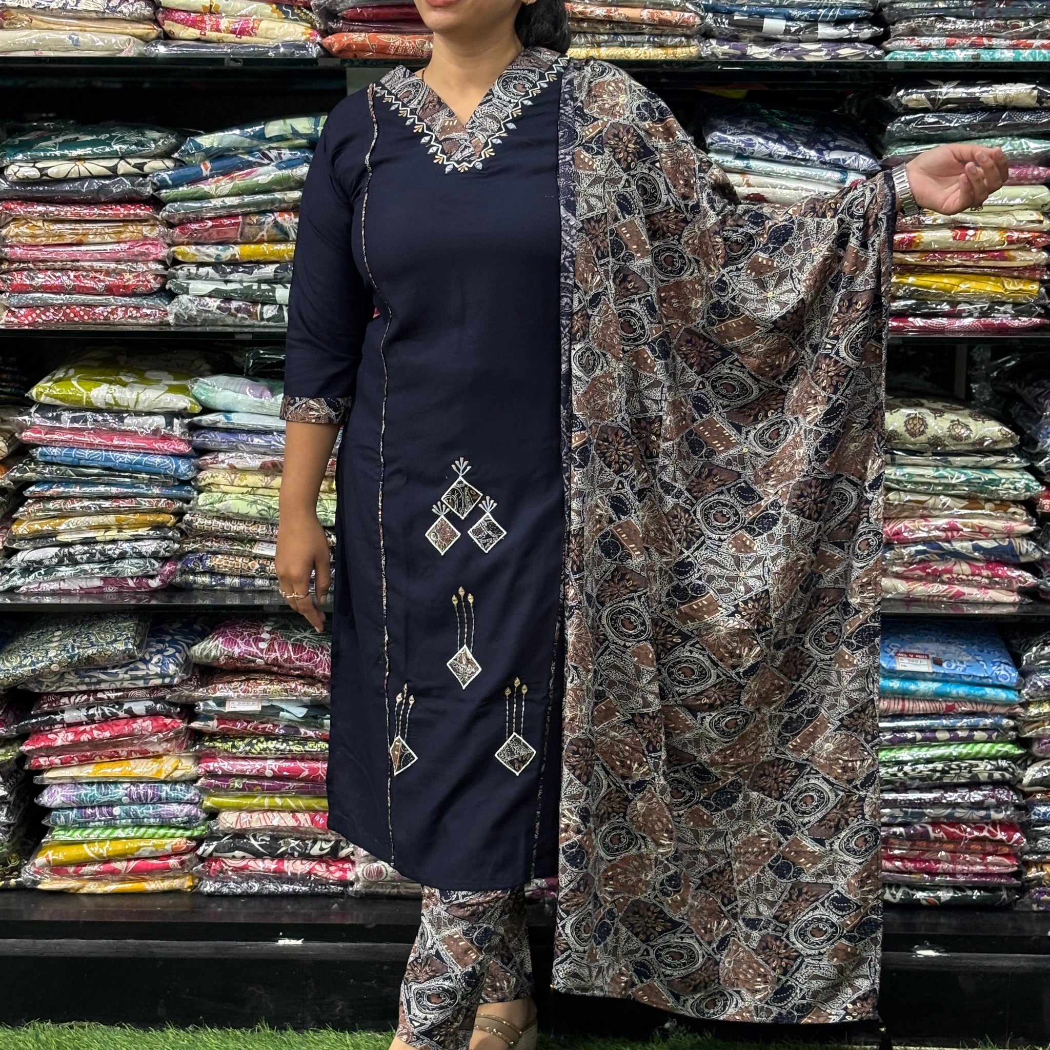 STRAIGHT KURTI PANT WITH DUPATTA (PURE RAYON,HANDWORK)