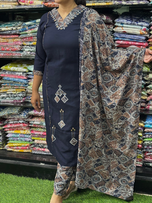 STRAIGHT KURTI PANT WITH DUPATTA (PURE RAYON,HANDWORK)