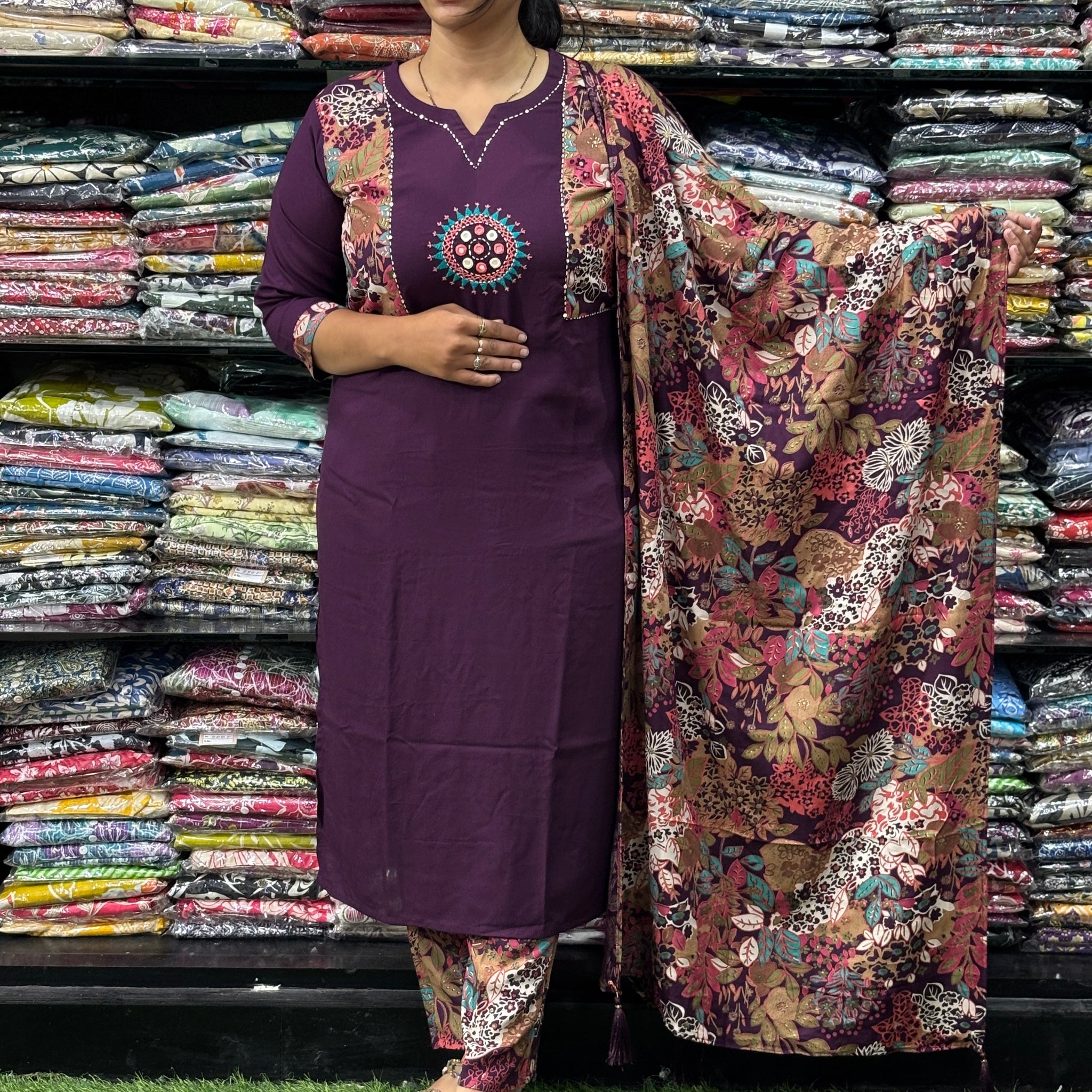 STRAIGHT KURTI PANT WITH DUPATTA (PURE RAYON,HANDWORK)