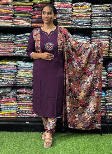 STRAIGHT KURTI PANT WITH DUPATTA (PURE RAYON,HANDWORK)