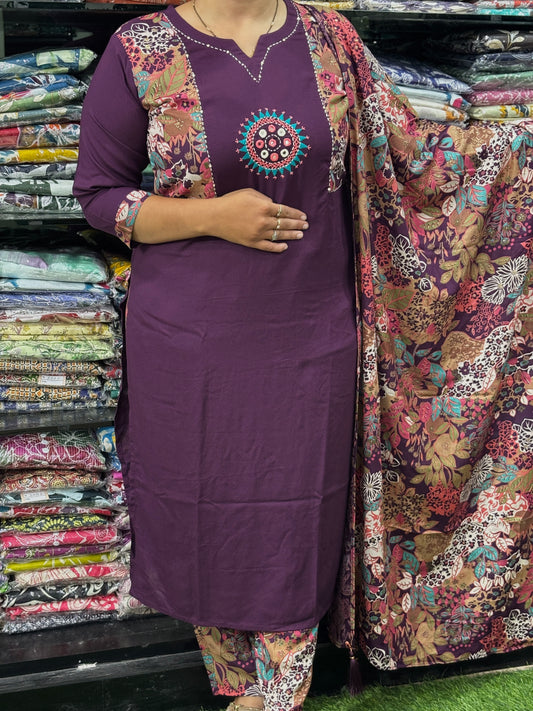 STRAIGHT KURTI PANT WITH DUPATTA (PURE RAYON,HANDWORK)