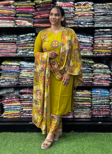 STRAIGHT KURTI PANT WITH DUPATTA (PURE RAYON,HANDWORK)