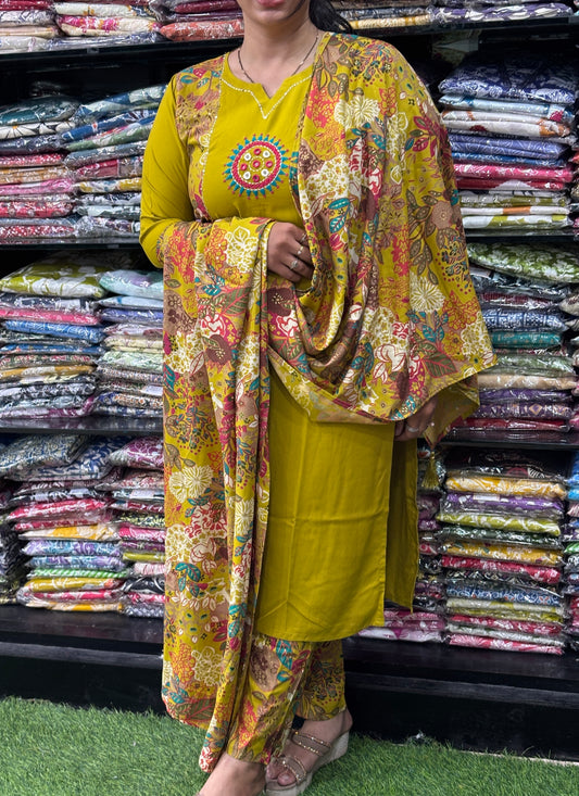 STRAIGHT KURTI PANT WITH DUPATTA (PURE RAYON,HANDWORK)