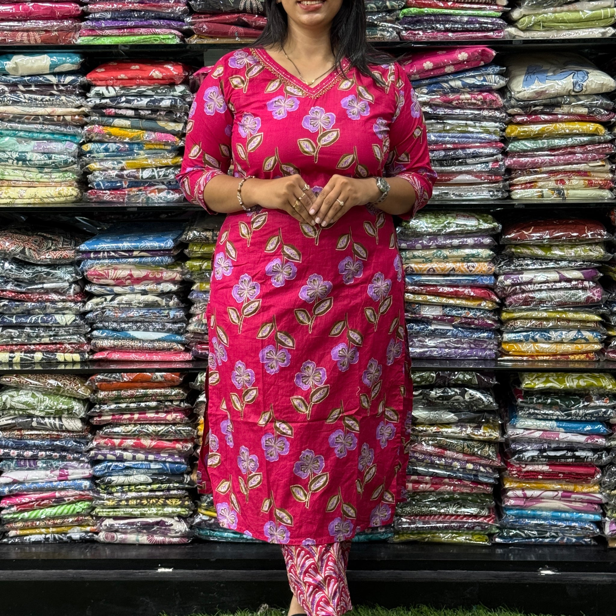 STRAIGHT KURTI WITH PANT (PURE CAMRIC COTTON, WITH WORK)