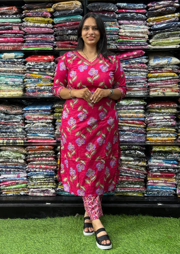 STRAIGHT KURTI WITH PANT (PURE CAMRIC COTTON, WITH WORK)