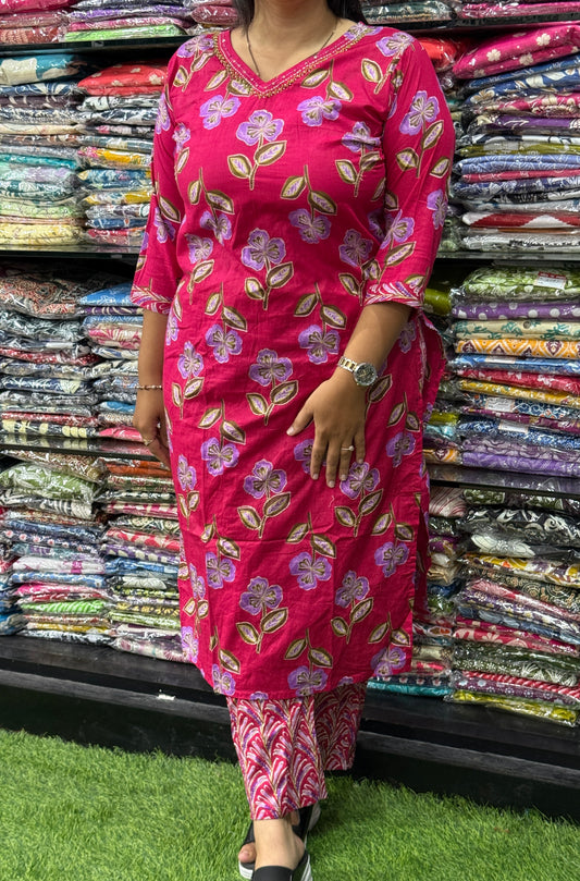STRAIGHT KURTI WITH PANT (PURE CAMRIC COTTON, WITH WORK)