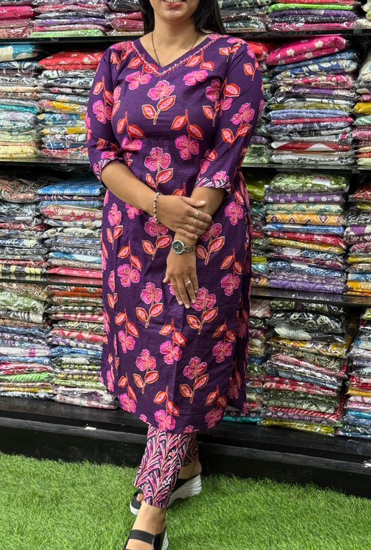 STRAIGHT KURTI WITH PANT (PURE CAMRIC COTTON, WITH WORK)